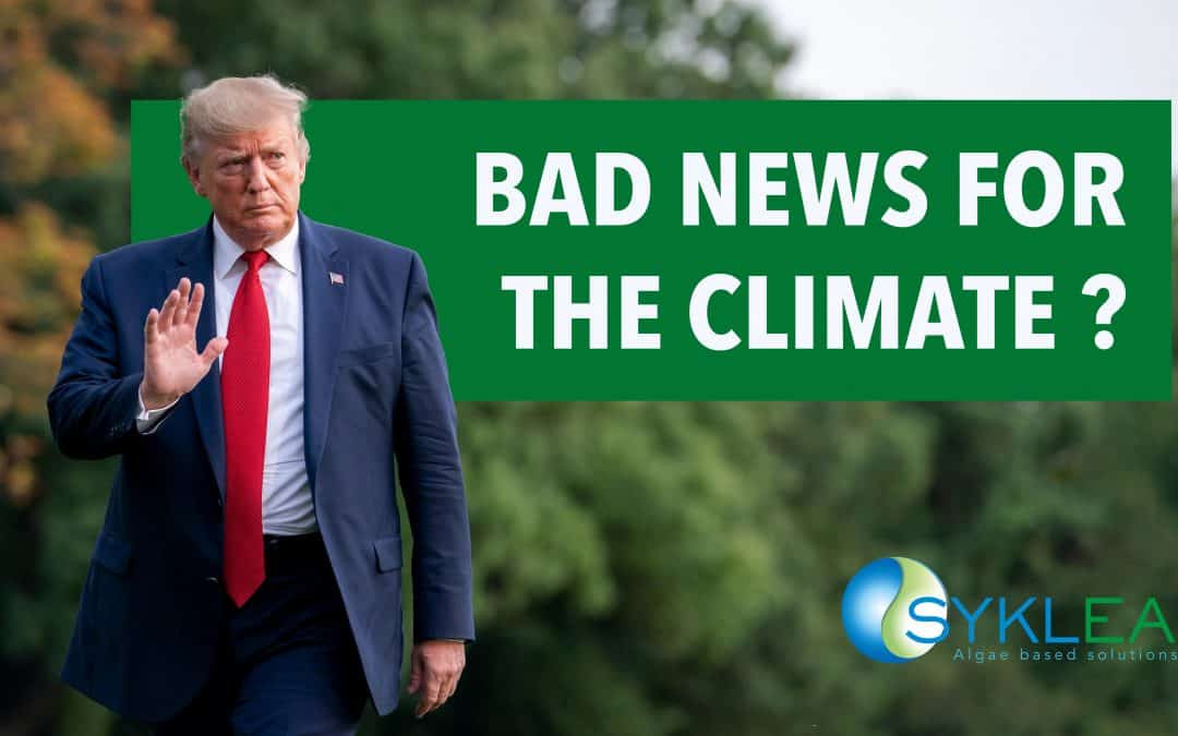 Donald Trump with "Bad News for the Climate?" text overlay, and a Syklea logo.