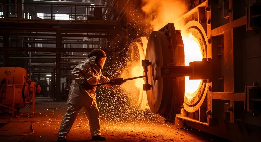 Industrial steel production Worker in protective suit handling molten metal furnace. Industrial steel production.