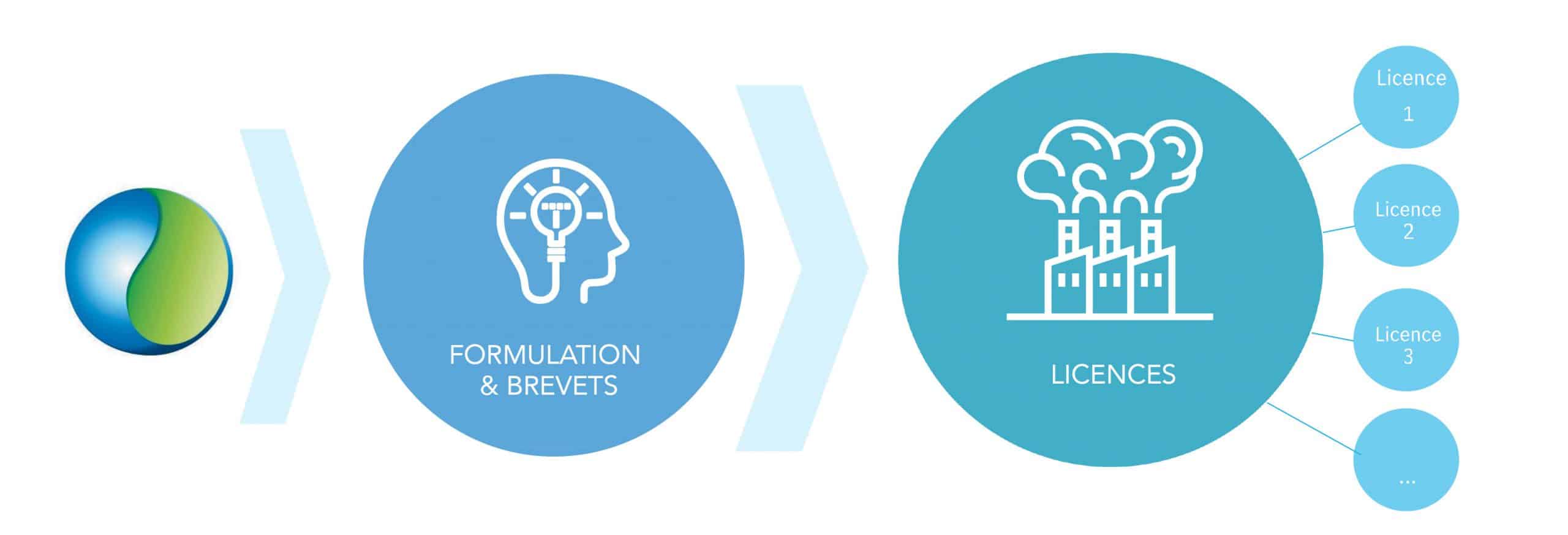 Business Model Fr Process diagram: Globe, Formulation & Brevets, Licenses (Licence 1, Licence 2, Licence 3, ...)