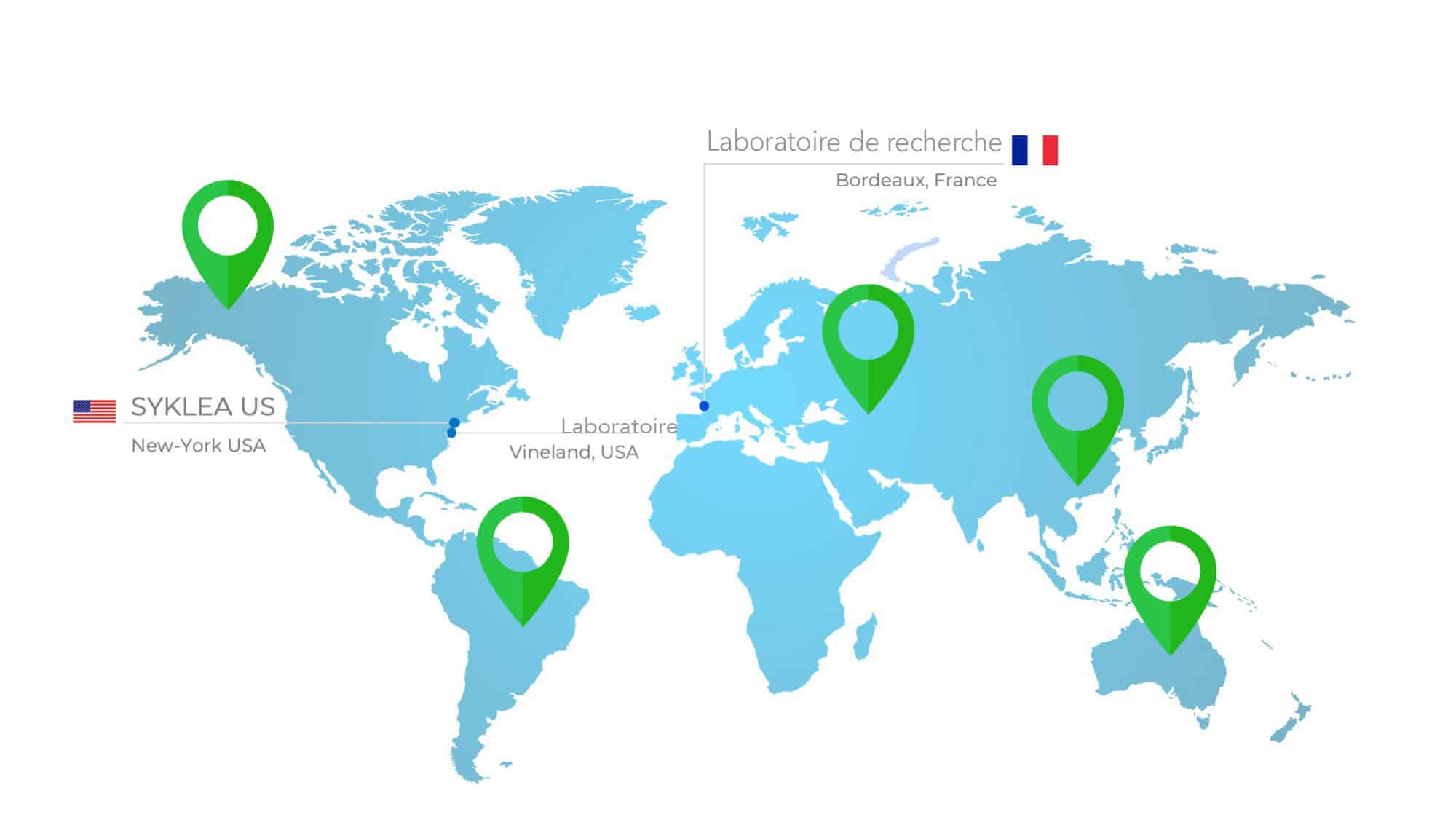 Carte Oct 2025 Fr 1 Global map showing locations of SYKLEA US (New York), Vineland, and Laboratoire de recherche (Bordeaux, France).