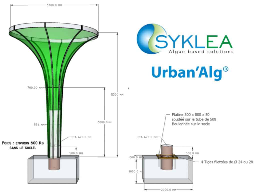 Diagram of the Urban'Alg algae-based solution by SYKLEA, showing dimensions and construction details.