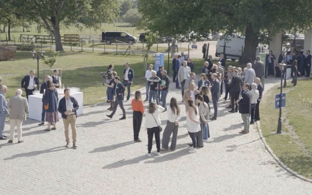 Group of professionals networking outdoors during an event